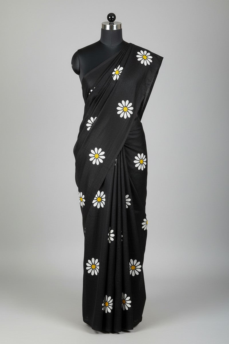 Mannequin display of black sunflower print khadi saree