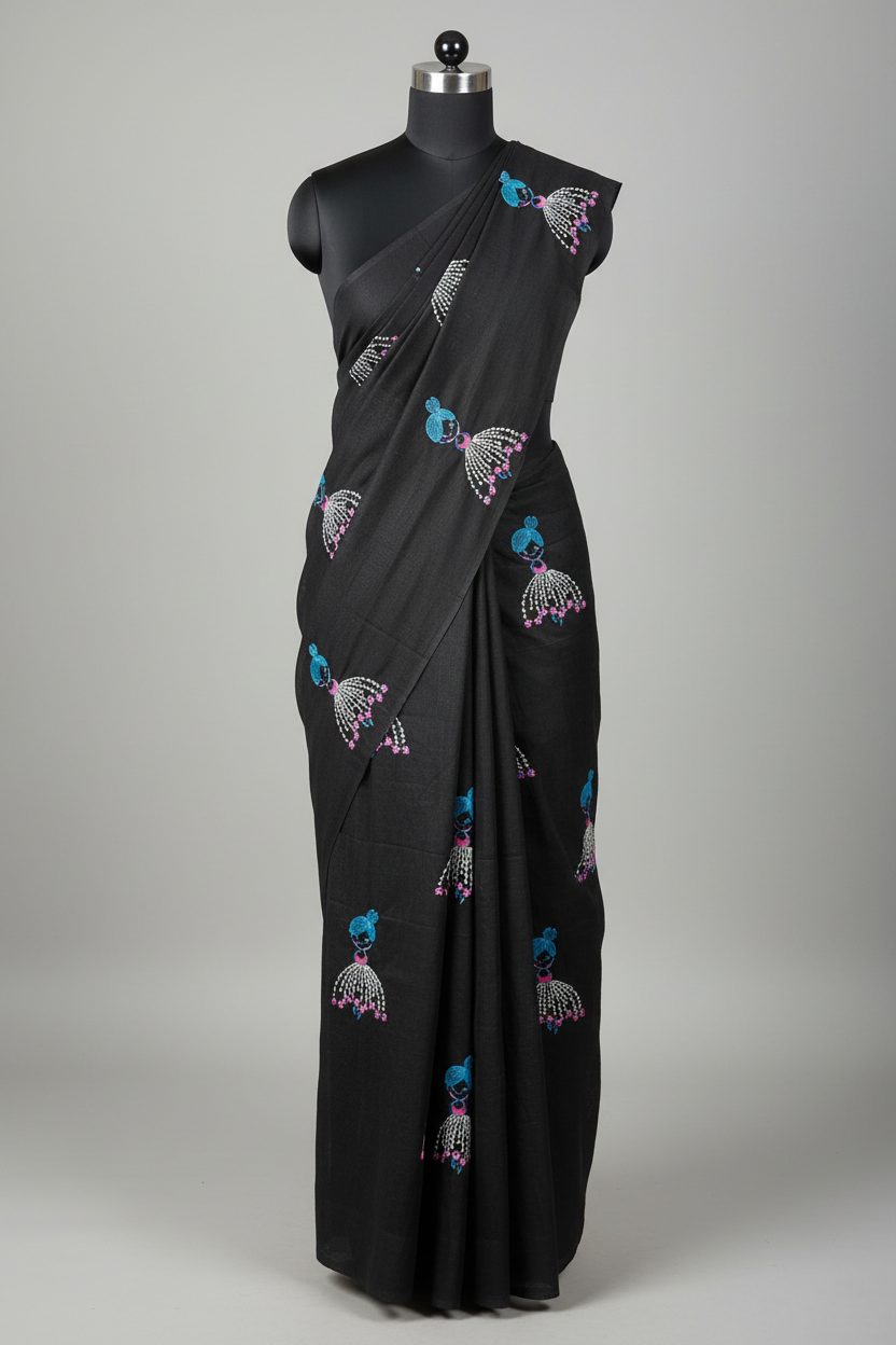 Black Baby Doll Print Khadi Cotton Saree - Mannequin Display without Tassel