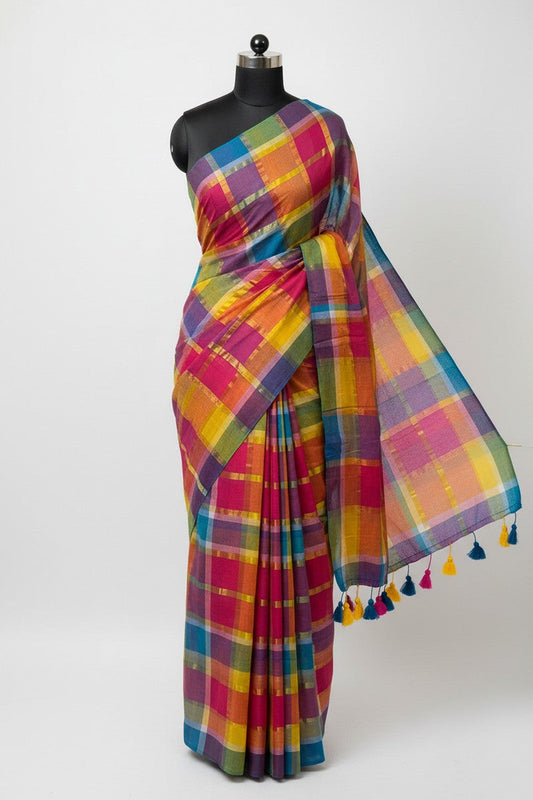 Mannequin display of multicolor zari rainbow checks mul cotton saree