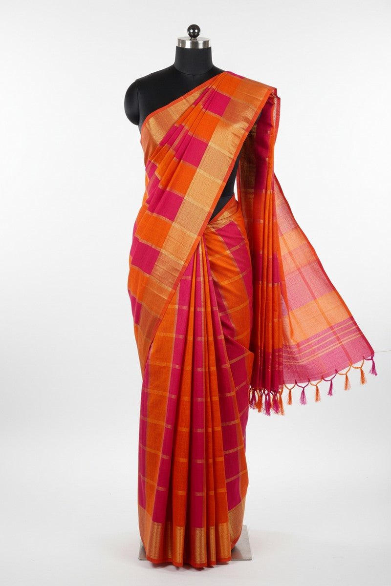 Orange and Pink Checks with Zari Mul Cotton Saree - Mannequin Display