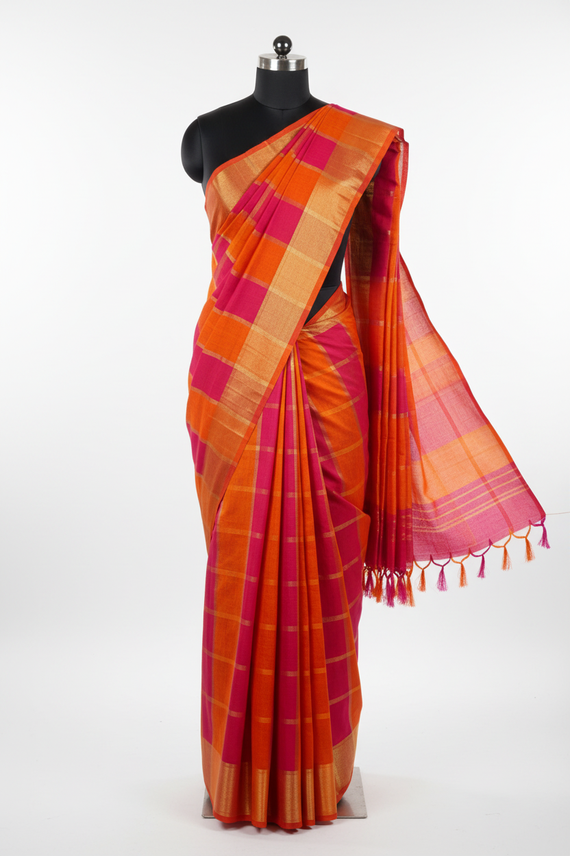 Orange and Pink Checks with Zari Mul Cotton Saree - Mannequin Display
