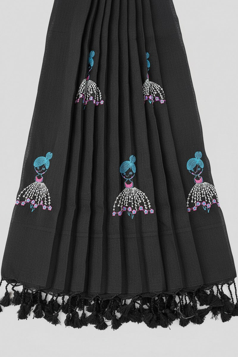 Pleats detail with embroidered motifs on black baby doll khadi saree