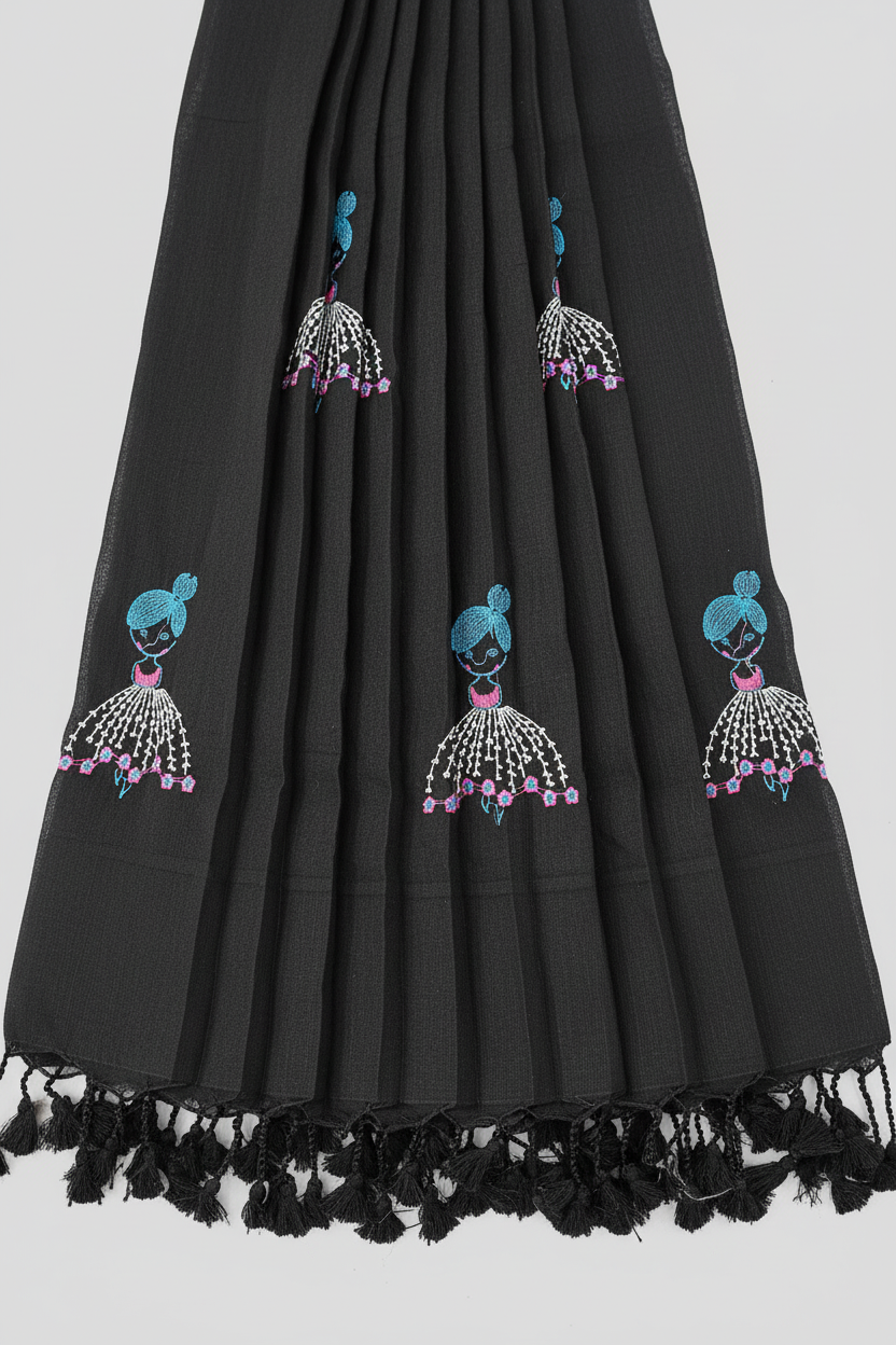 Black Baby Doll Print Khadi Cotton Saree - Pleats Detail with Embroidered Motifs