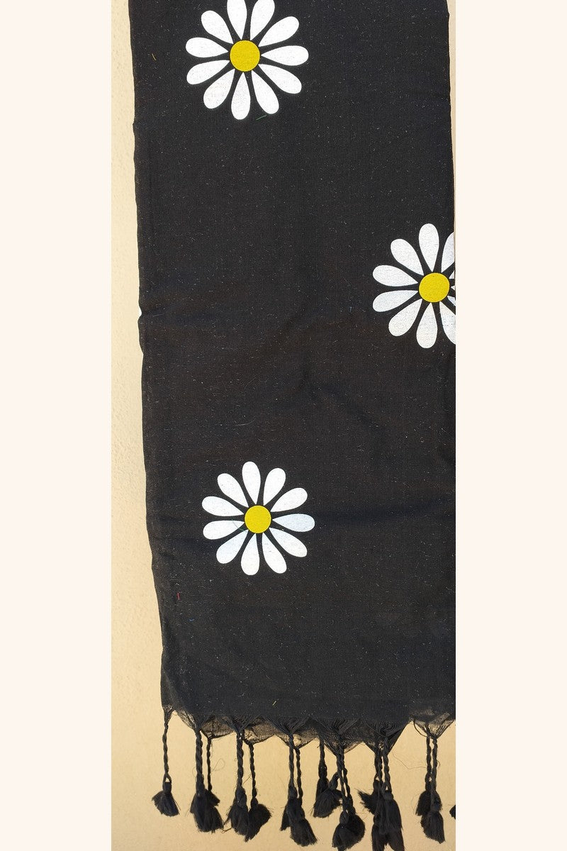 Close-up of block print texture on black sunflower khadi fabric