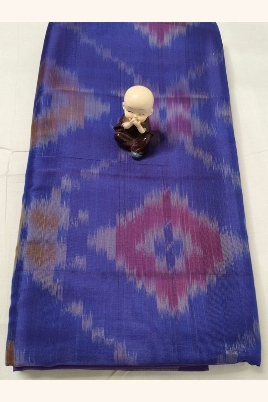 Blue Pink Ikat Semi-Silk Saree Body Flat Lay Angle View In Detail