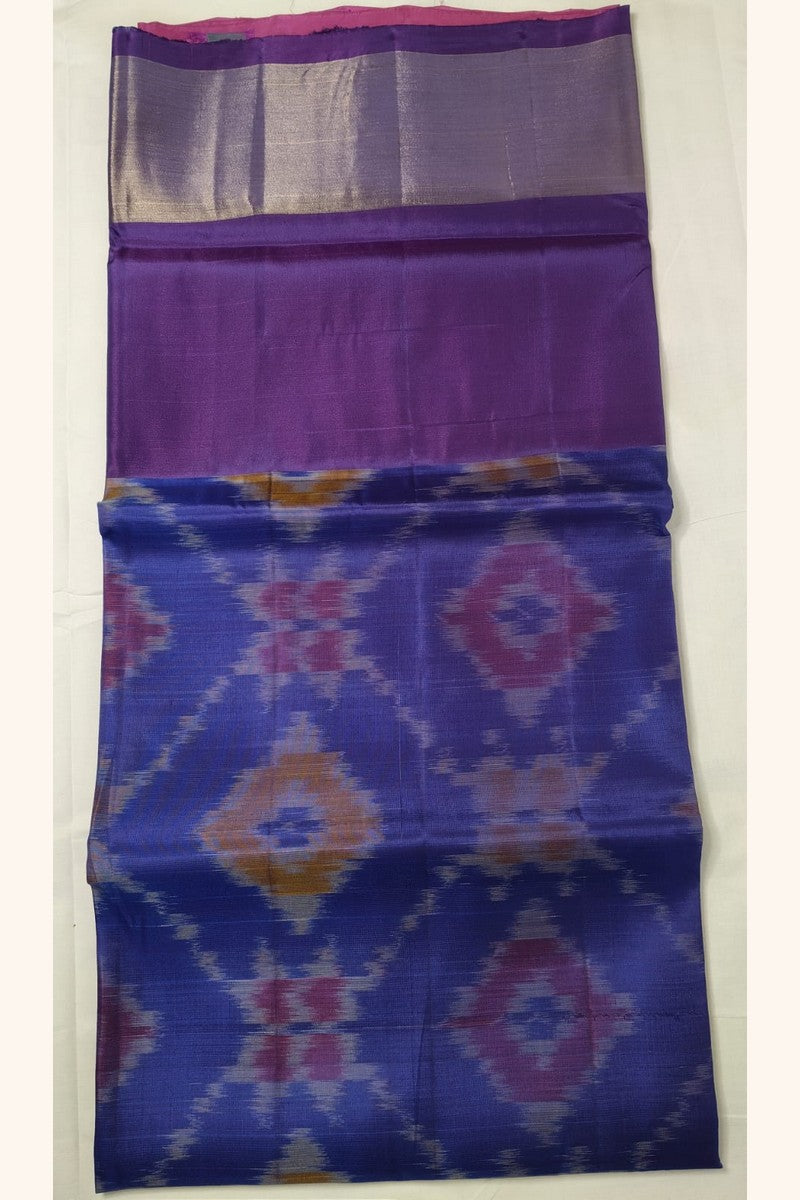 Blue Pink Ikat Semi-Silk Saree Body Detail