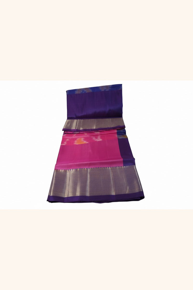 Blue Pink Ikat Semi-Silk Saree with Blouse - Body and Pallu View