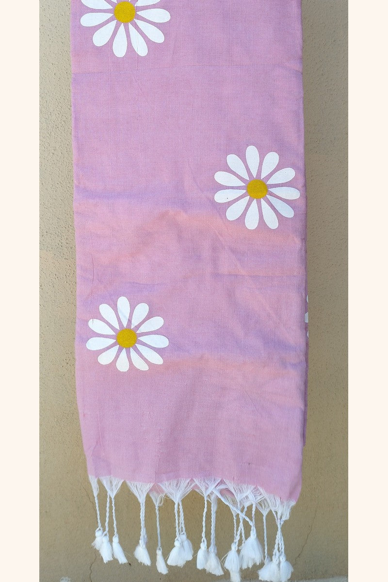 Close-up of block print texture on blush pink sunflower khadi fabric