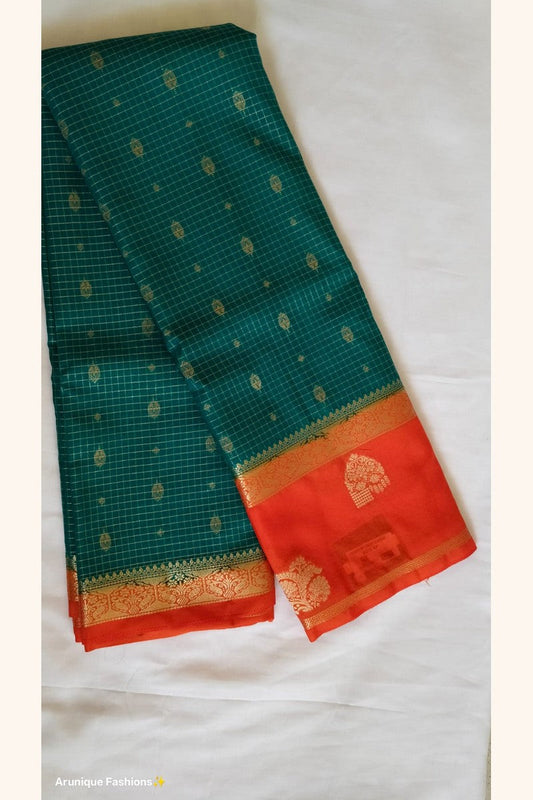 Bottle green crepe silk saree body with gold zari check weave and gold butta motifs – Arunique Fashions