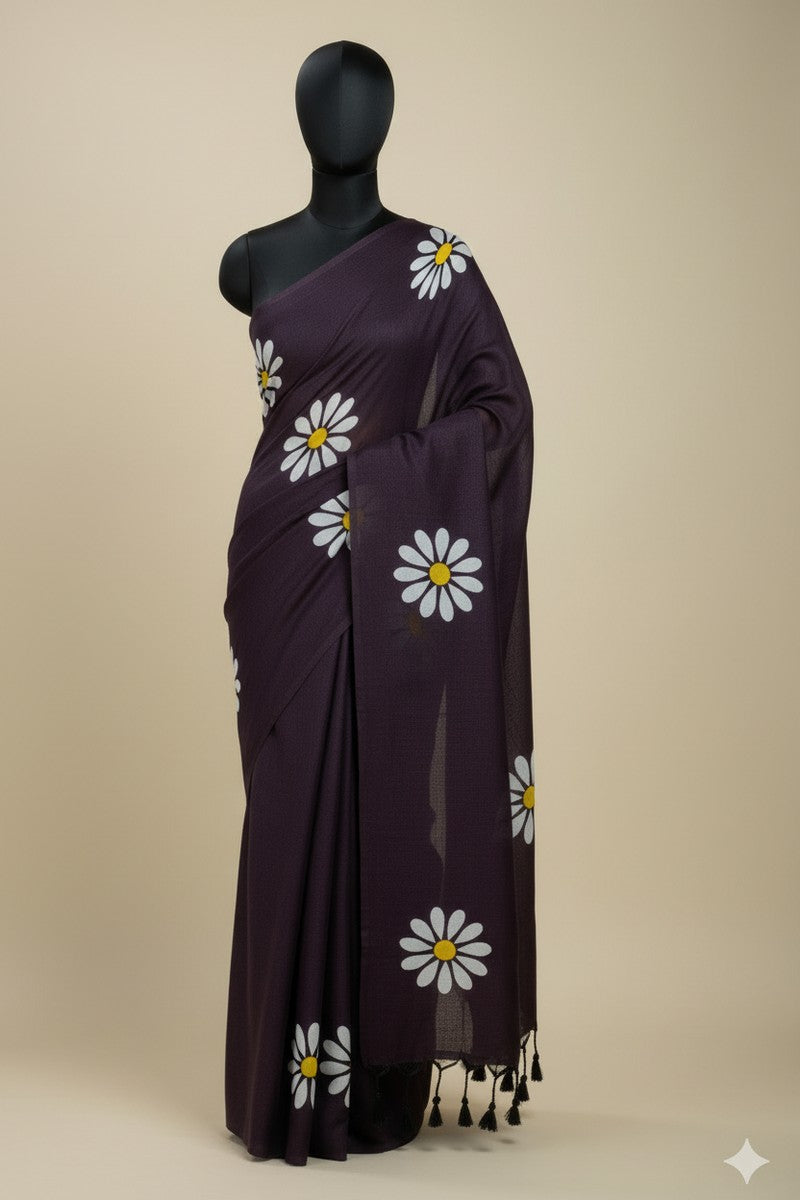 Mannequin display of burgundy sunflower khadi saree borderless design