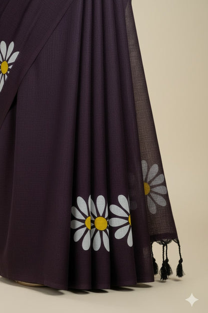 Pleats detail with black tassels on burgundy sunflower khadi saree