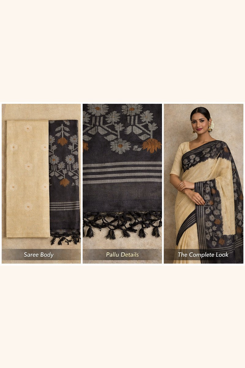 Pure Tussar Silk Saree displayed showing cream natural body with charcoal black ikat lotus floral weave border