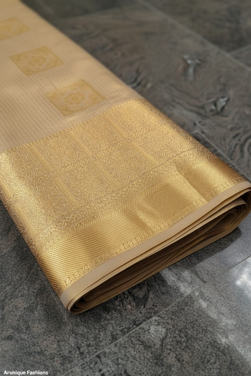 Champagne Gold Semi-Silk Saree - Golden Zari Border Close-up