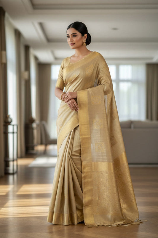 Champagne Gold Semi-Silk Saree - Model Wearing Full Drape