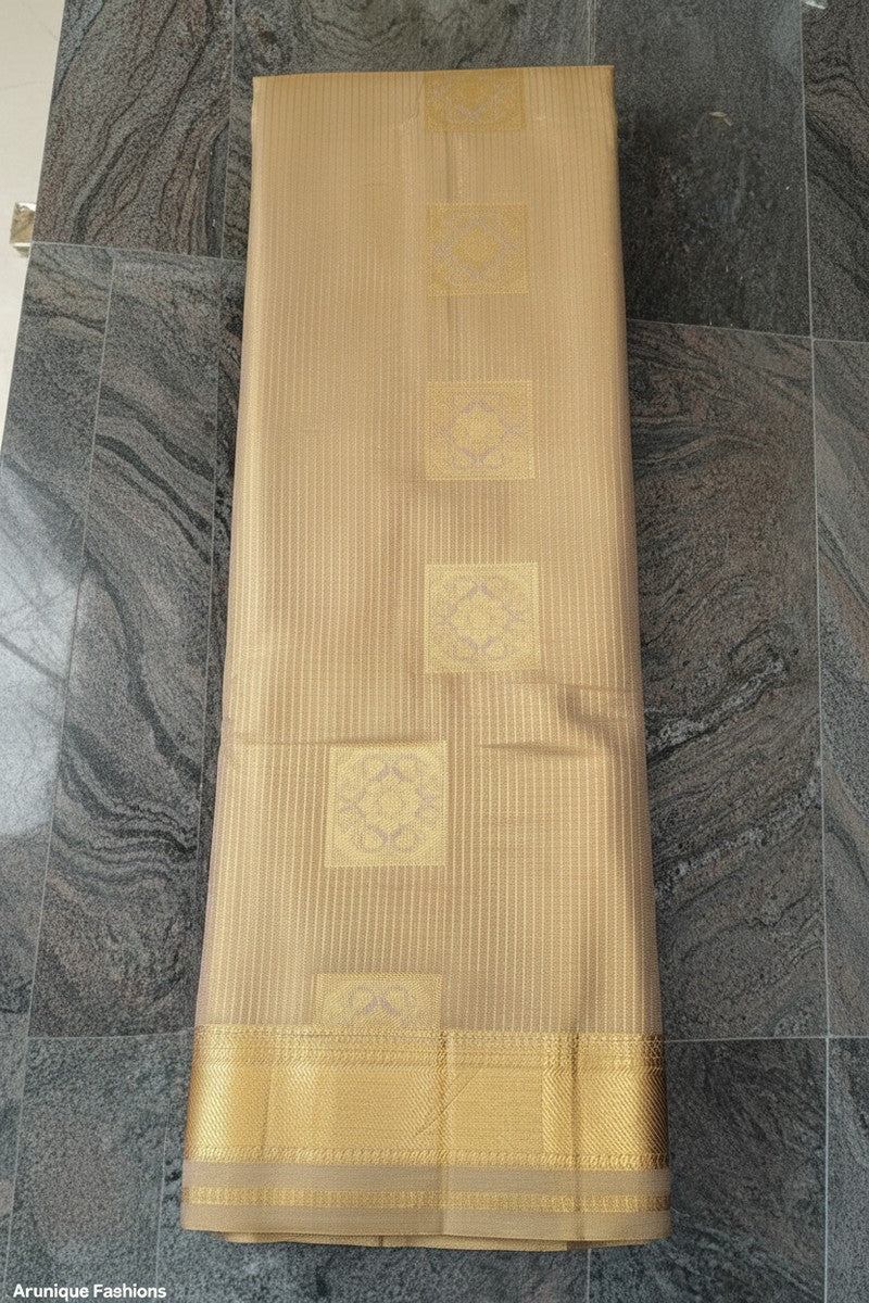 Champagne Gold Semi-Silk Saree - Vertical Stripes with Golden Zari Border