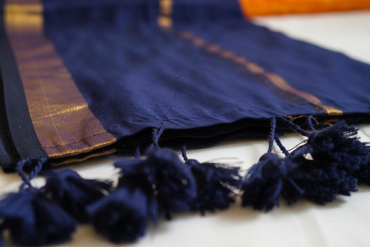 Close-up detail of navy blue mul cotton saree showing double golden zari border work and hand-tied tassels