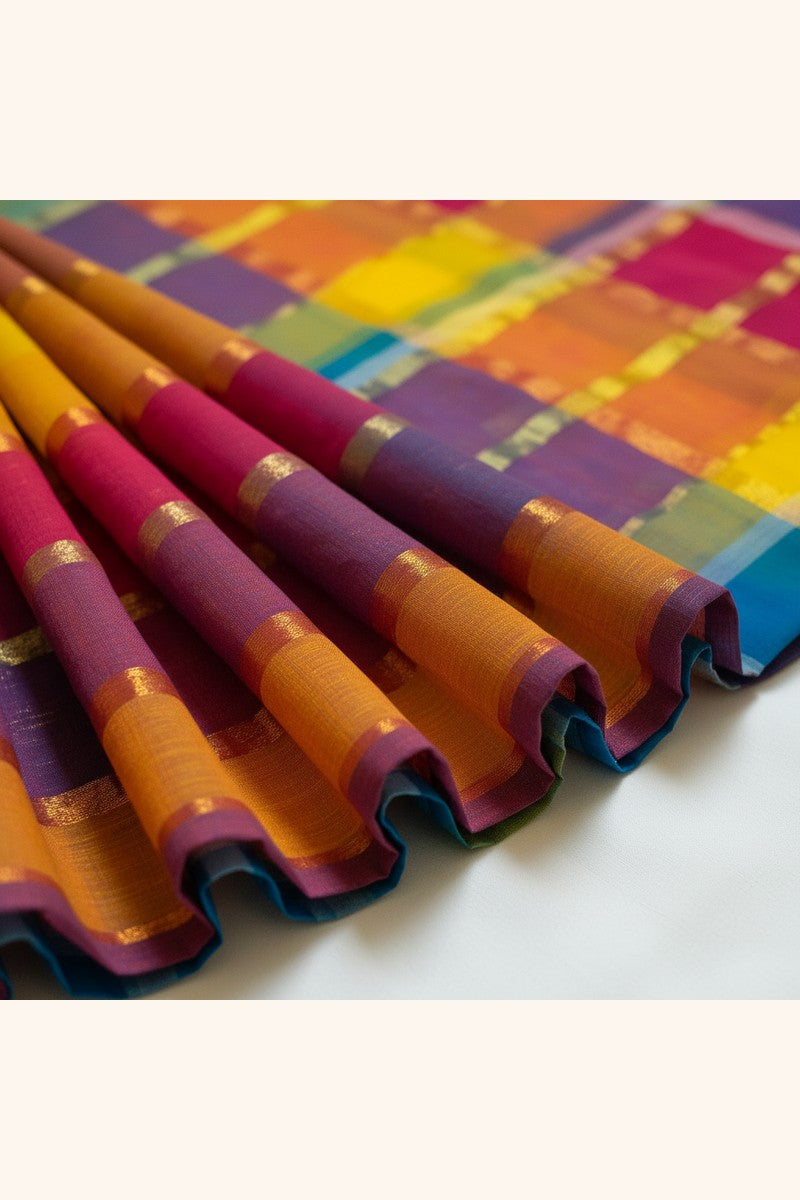 Close-up of pleats on multicolor zari rainbow checks mul cotton saree