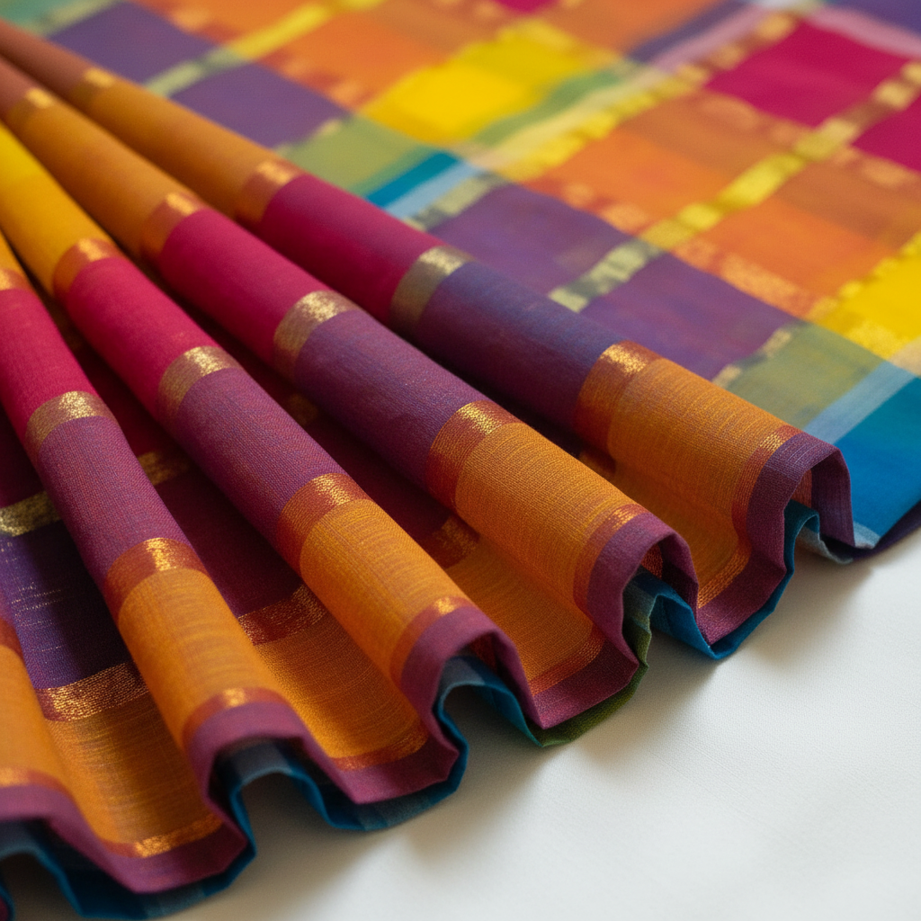 Multicolor Zari Rainbow Checks Mul Cotton Saree - Pleats Close-Up
