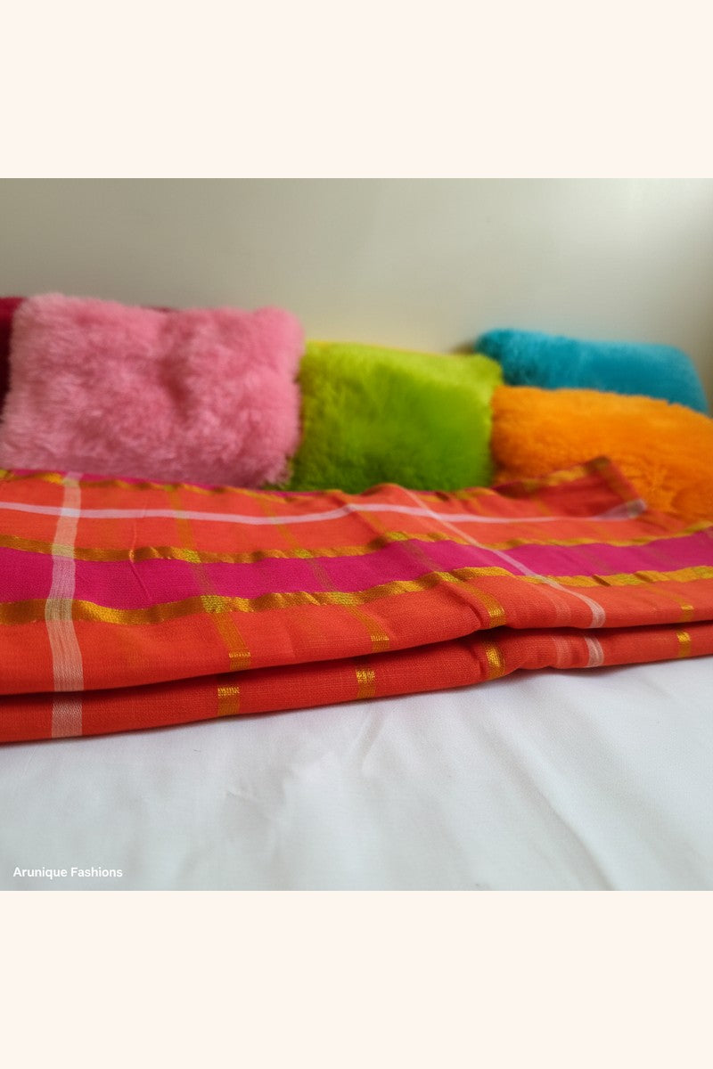 Orange and Pink Checks With Zari Mul Cotton Saree - Saree with Pillows for Product Enhancement
