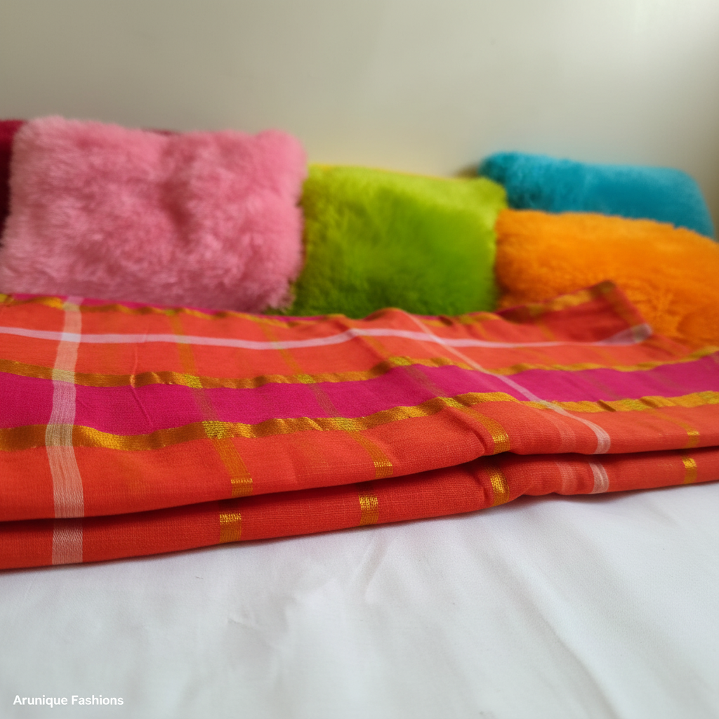 Orange and Pink Checks With Zari Mul Cotton Saree - Saree with Pillows for Product Enhancement
