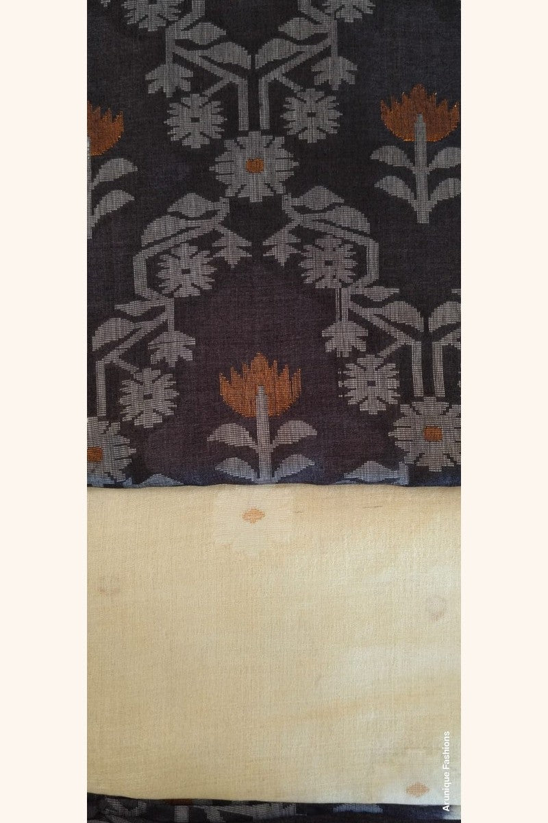 Close-up detail of charcoal black ikat weave on Pure Tussar Silk Saree showing lotus and floral motifs in silver-grey and burnt orange