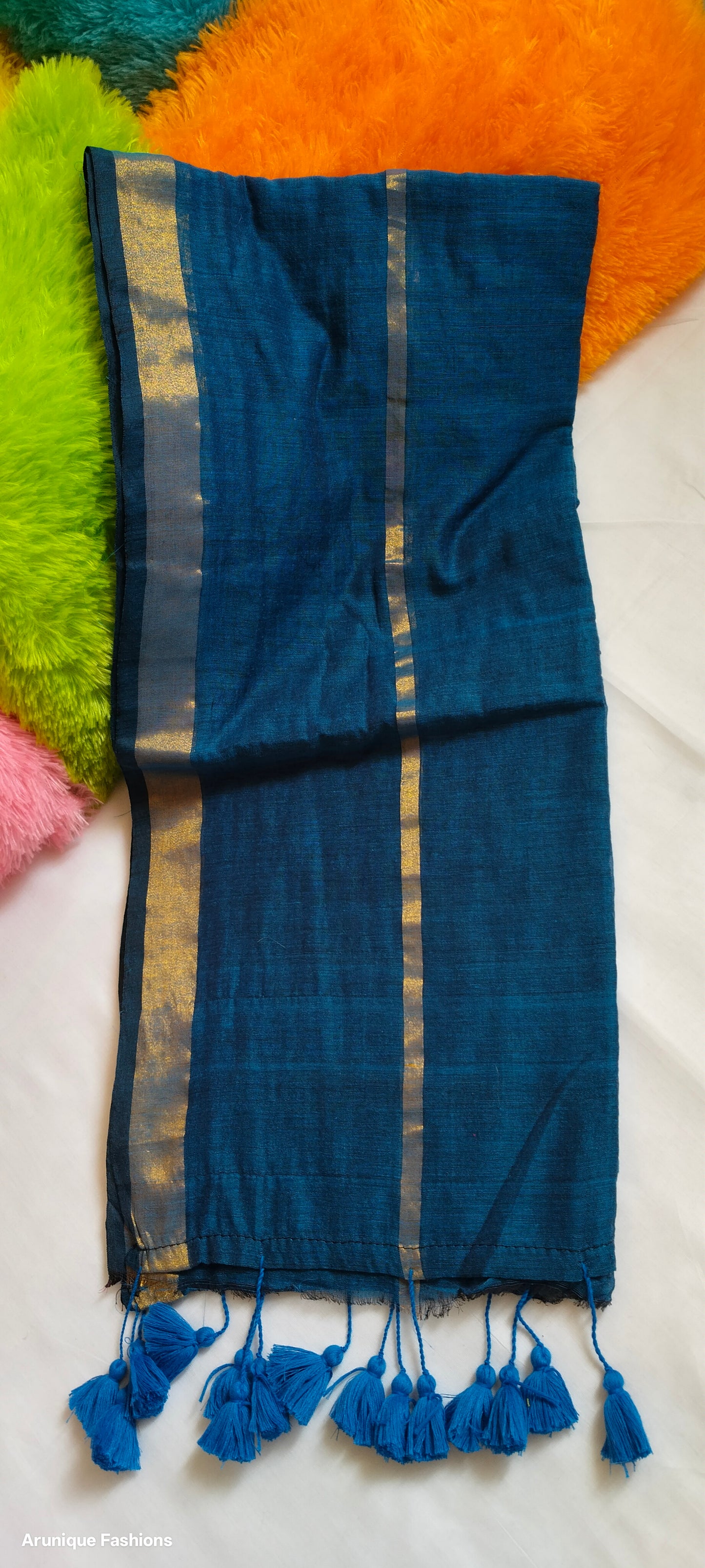 Royal blue double zari mul cotton saree - draped view showing dual golden borders and blue tassels