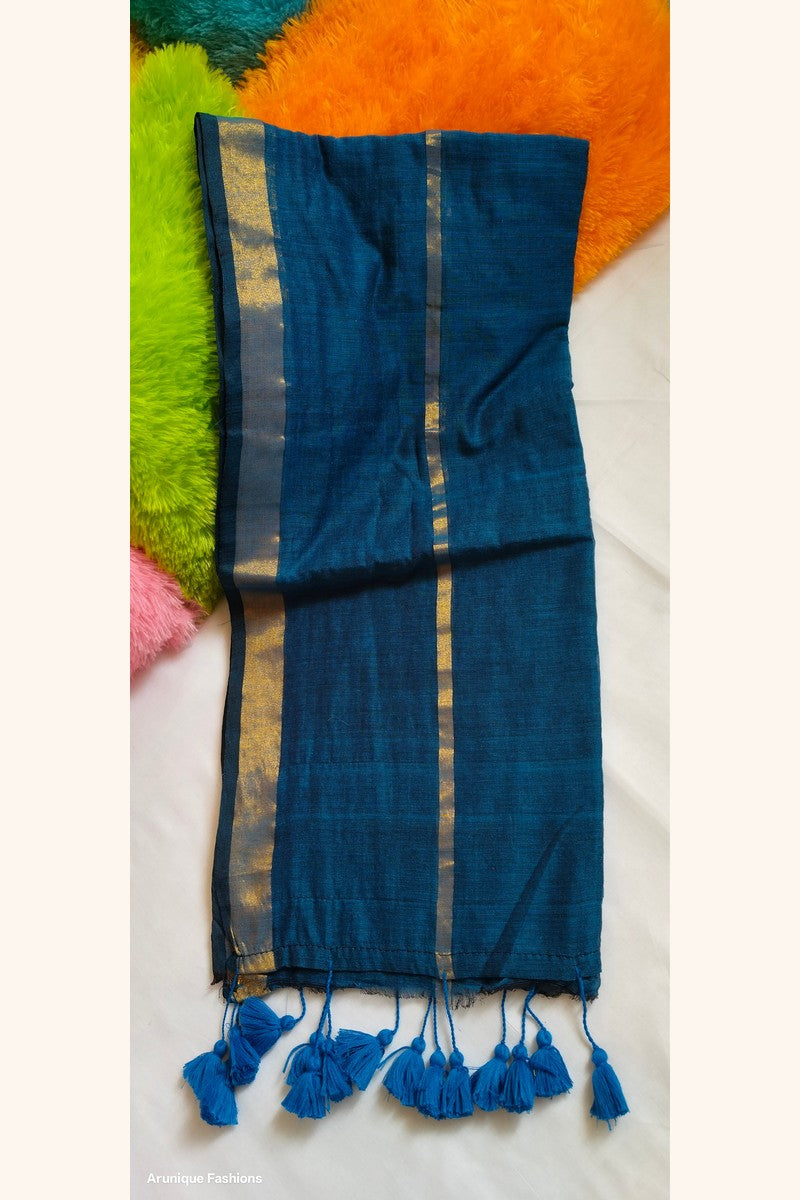 Royal blue double zari mul cotton saree - draped view showing dual golden borders and blue tassels