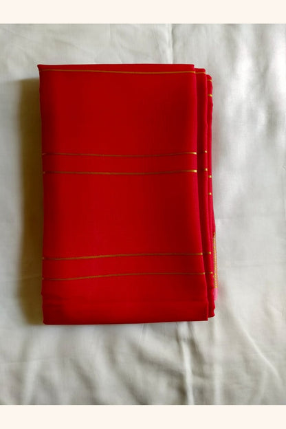 Crimson red Pure Mysore Silk saree body in flat lay