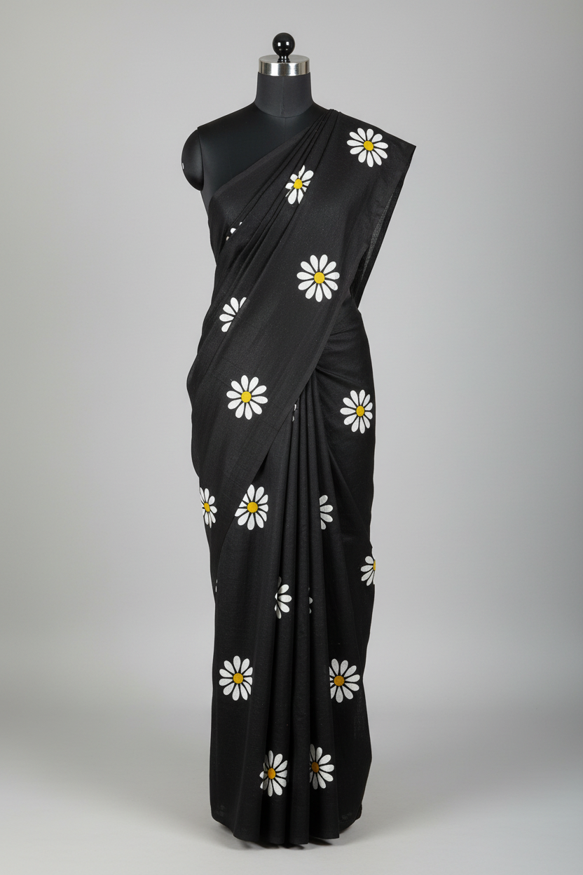 Black Sunflower Print Khadi Cotton Saree - Mannequin Display in Dark Charcoal