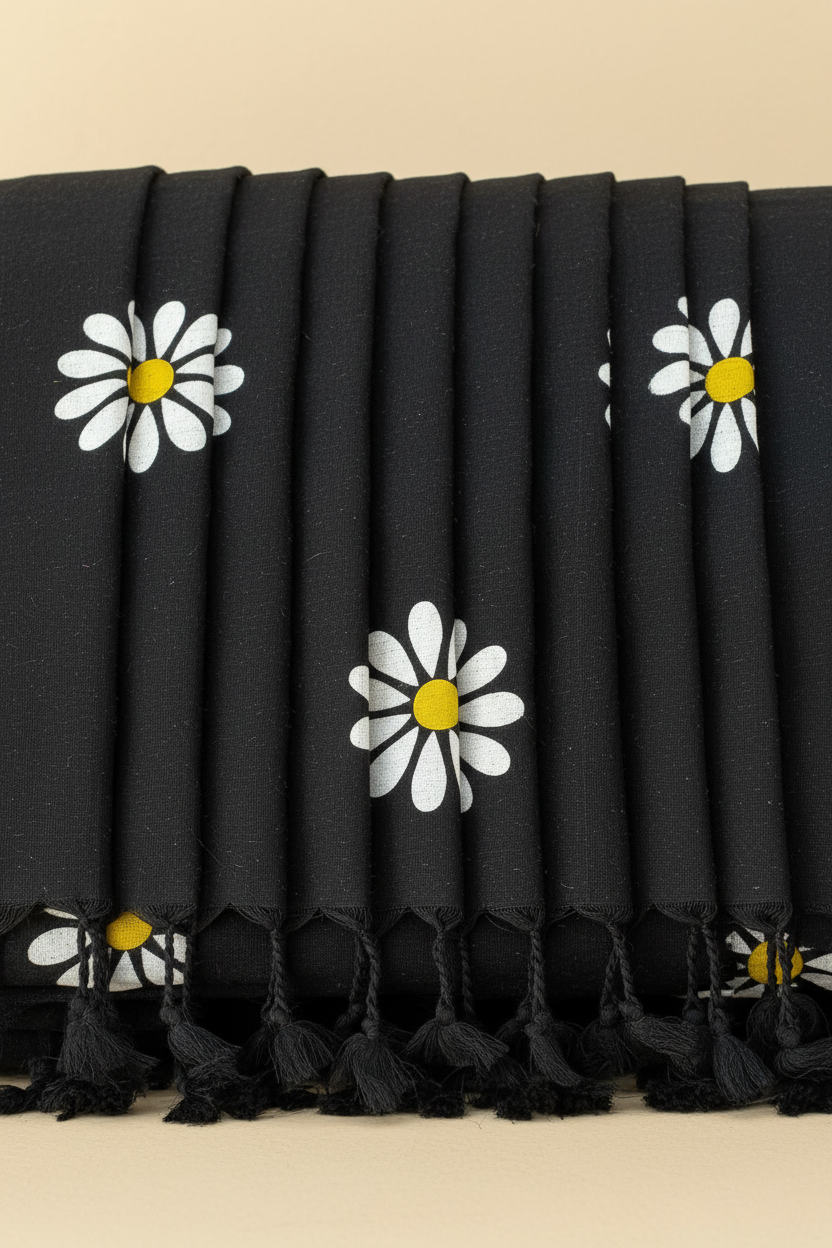 Black Sunflower Print Khadi Cotton Saree - Pleats Detail with Black Tassels