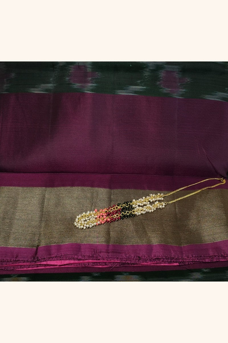 Dark Green and Pink Ikat Semi-Silk Saree - Border View