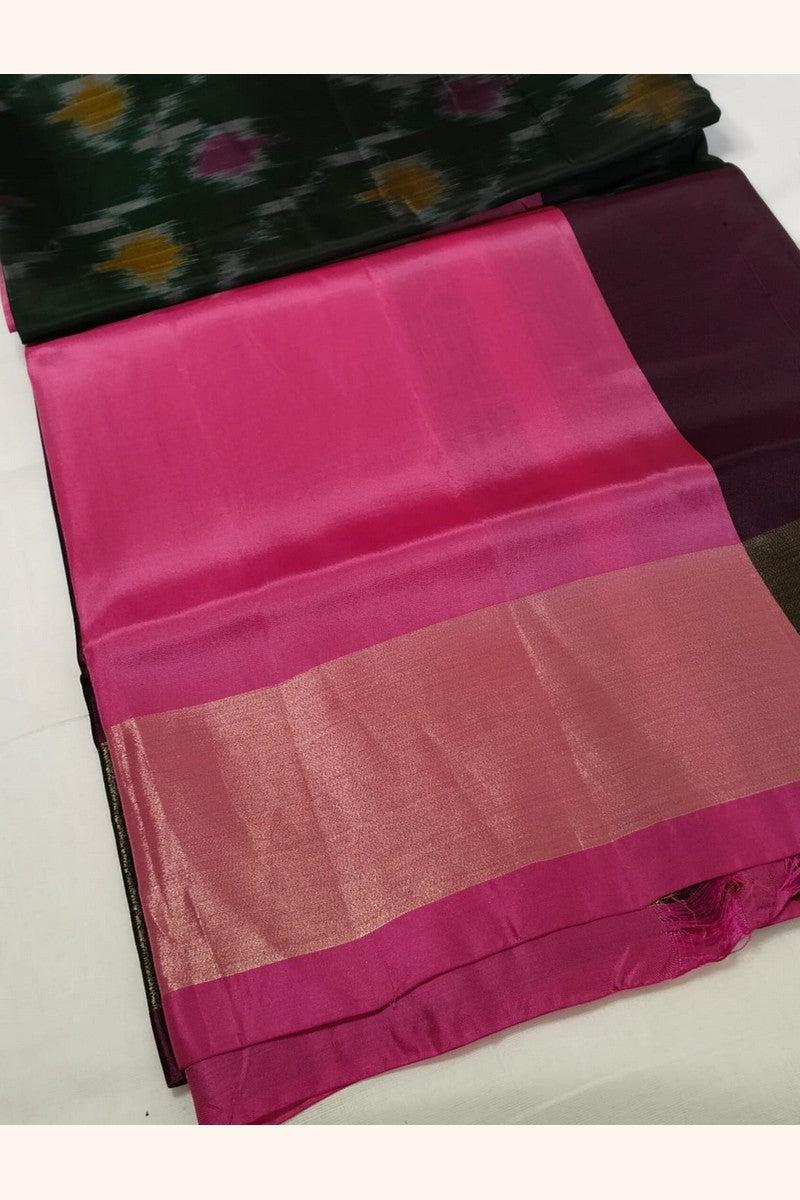 Dark Green and Pink Ikat Semi-Silk Saree - Full Drape View