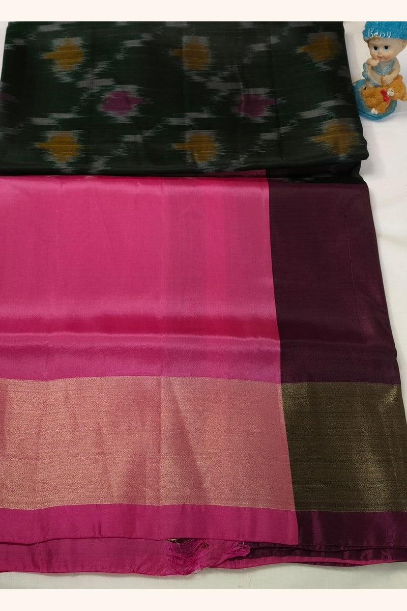 Dark Green and Pink Ikat Semi-Silk Saree - Pallu Detail
