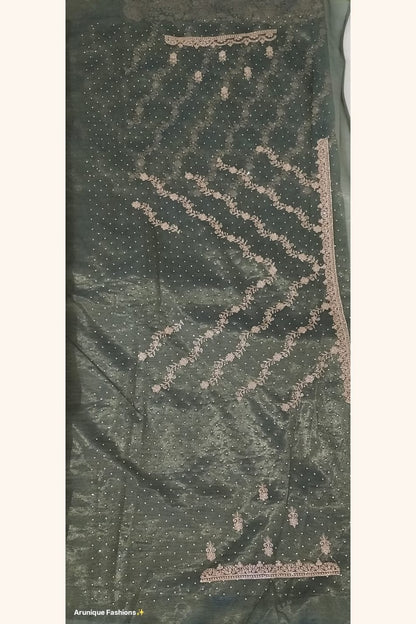 Dark olive green designer net saree - matching embroidered blouse piece