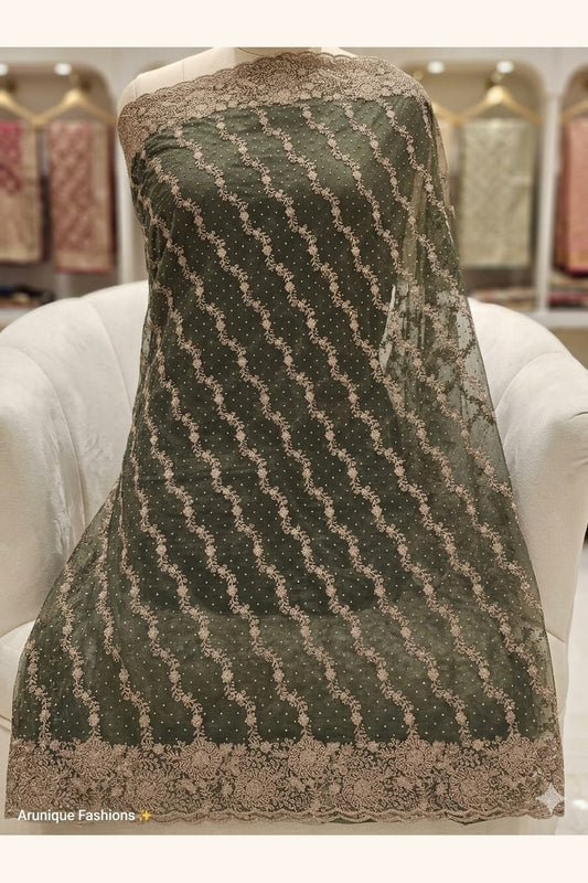Dark olive green designer net saree with gold zari embroidery - mannequin shot