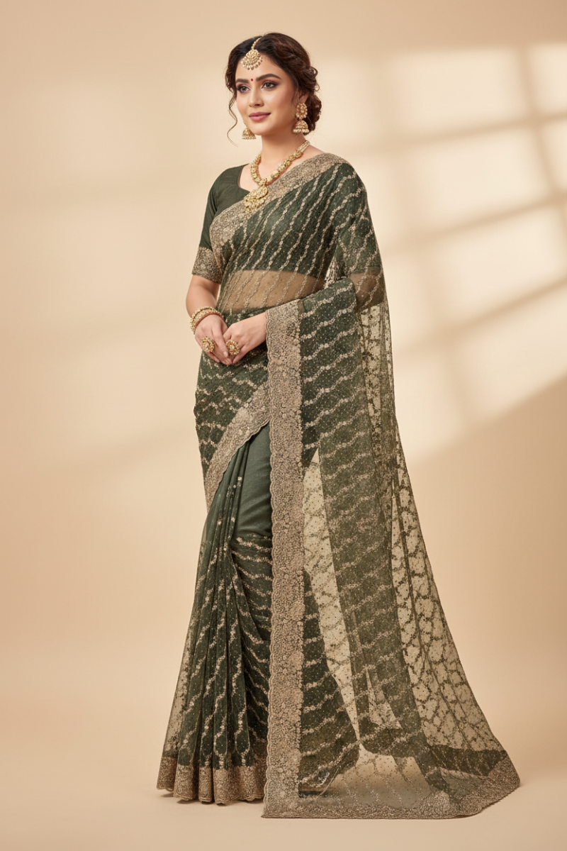 Dark olive green premium designer net saree on model - diagonal gold zari floral vine embroidery and scalloped gold border
