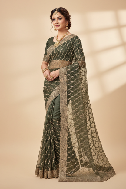 Dark olive green premium designer net saree on model - diagonal gold zari floral vine embroidery and scalloped gold border