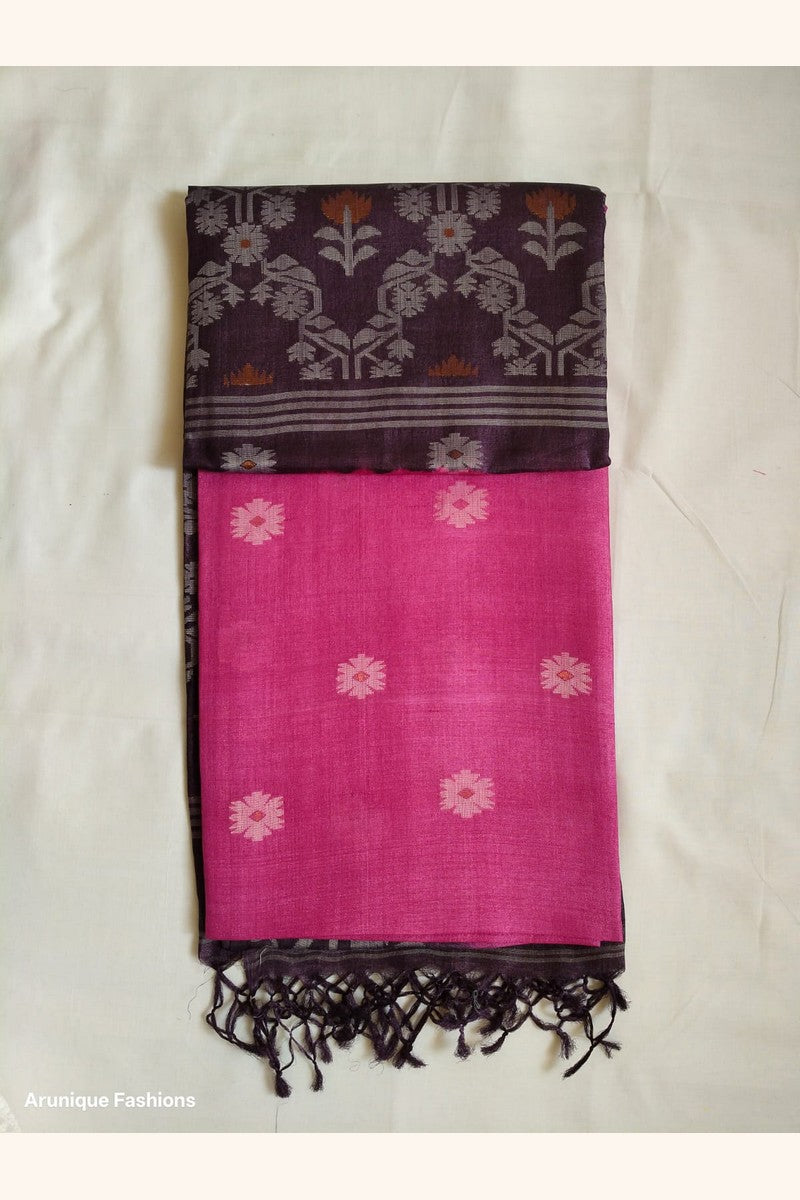 Deep plum ikat floral tree weave pallu of Pure Tussar Silk Saree with silver-lavender motifs, golden tulip accents and black knotted tassels