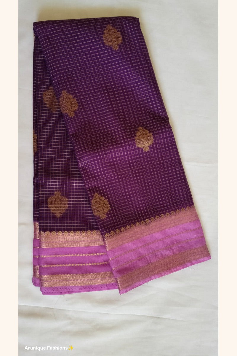 Deep purple crepe silk saree body with gold zari check weave and gold butta motifs – Arunique Fashions