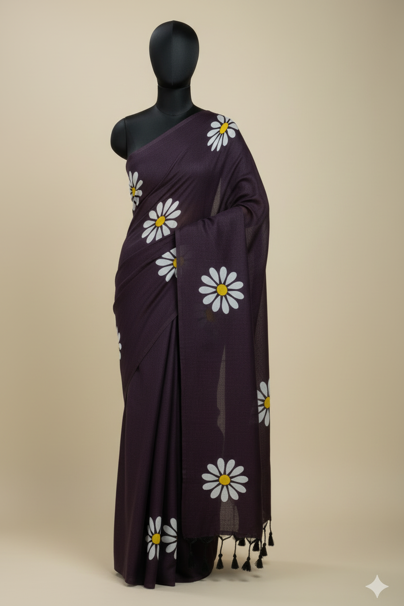 Burgundy Sunflower Print Khadi Cotton Saree - Mannequin Display Borderless Design