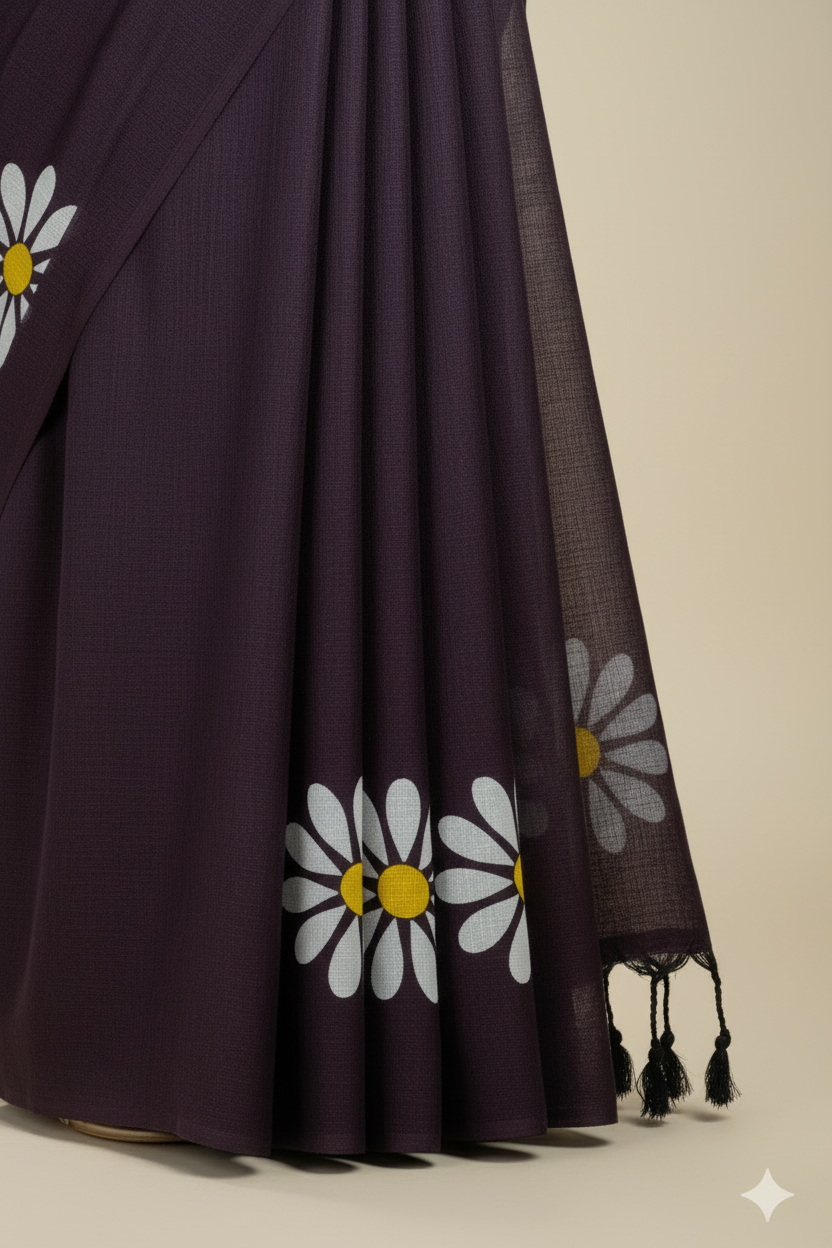 Burgundy Sunflower Print Khadi Cotton Saree - Pleats Detail with Black Tassels