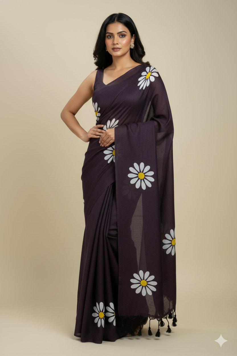 Burgundy Sunflower Print Khadi Cotton Saree - Model Wearing Deep Purple Design in Unique Pose