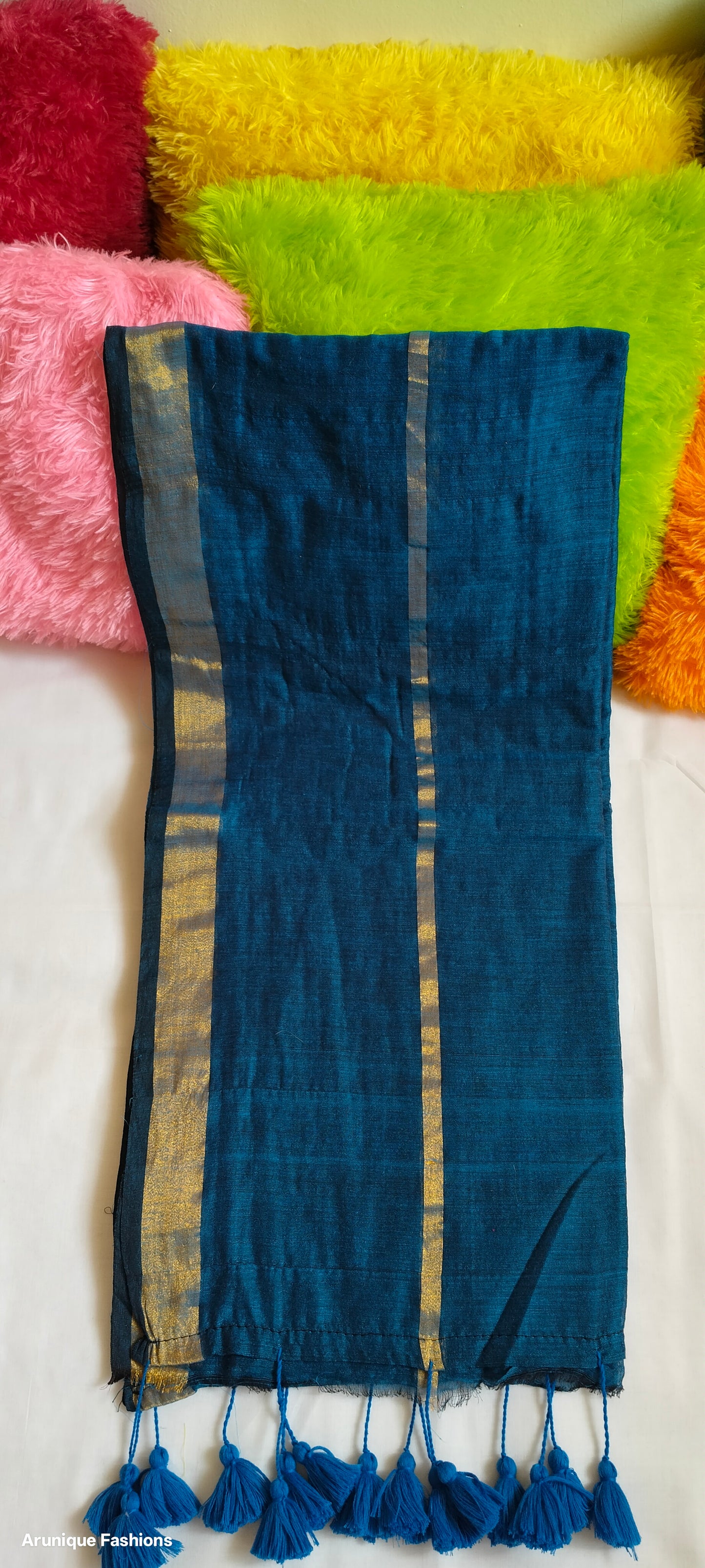 Royal blue mul cotton saree with double golden zari borders - different view with blue tassels