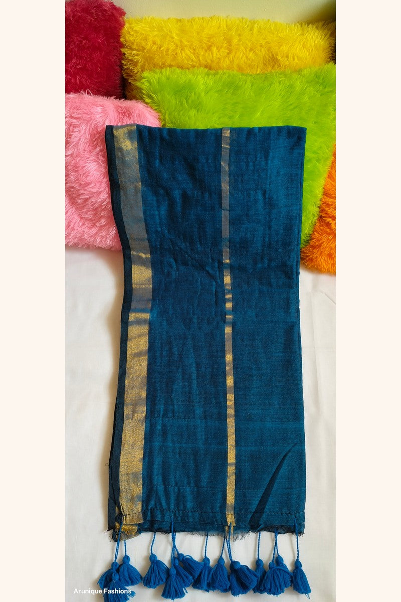 Royal blue mul cotton saree with double golden zari borders - different view with blue tassels