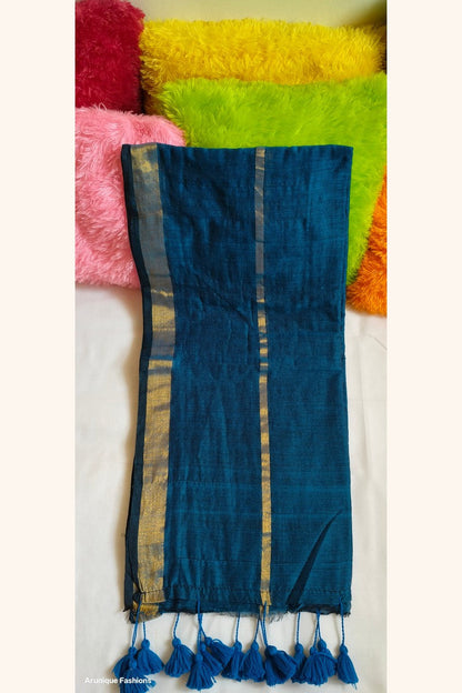 Royal blue mul cotton saree with double golden zari borders - different view with blue tassels