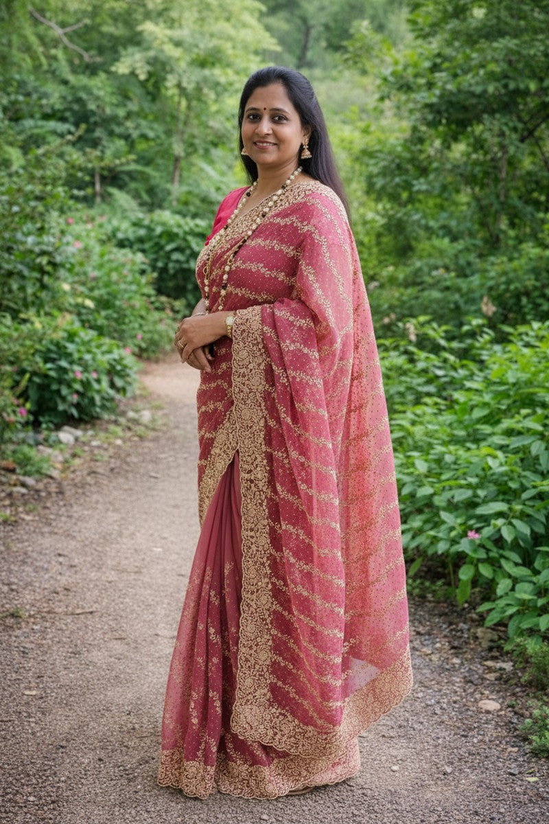 Dusty rose designer net saree full drape model shot with gold zari embroidered pallu and scalloped border – Arunique Fashions