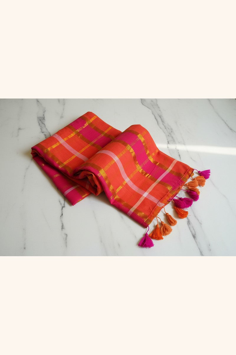 Orange and Pink Checks With Zari Mul Cotton Saree - Elegant Flat Lay On Marble Floor