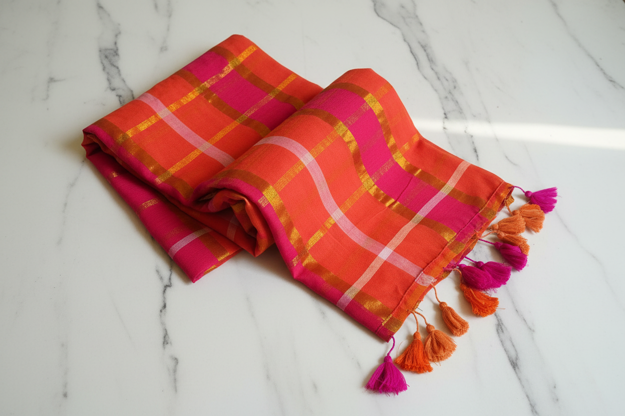 Orange and Pink Checks With Zari Mul Cotton Saree - Elegant Flat Lay On Marble Floor
