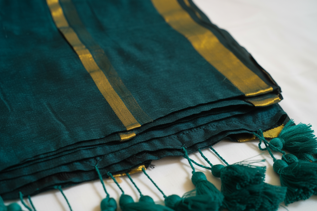 Close-up detail of emerald green mul cotton saree showing double golden zari border work and hand-tied green tassels