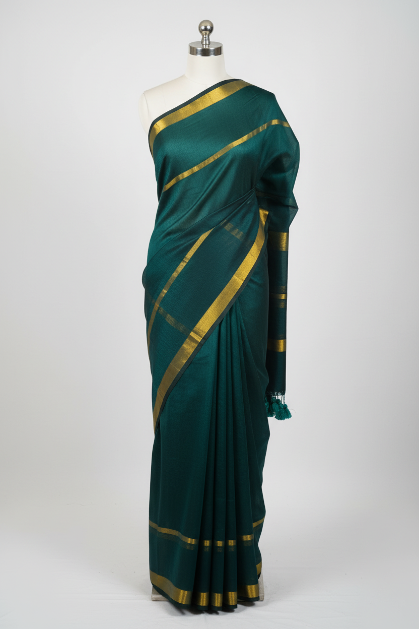 Emerald green double zari saree with golden borders displayed on mannequin showing full drape and green tassels